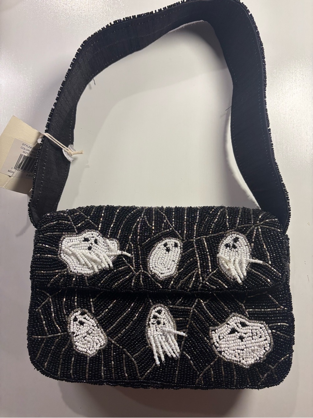 Beaded Black Ghost Motif Shoulder Bag